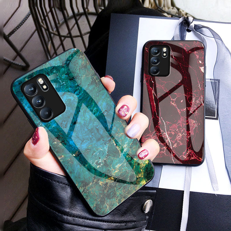 Marbling Pattern Tempered Glass Shock-Proof Cell Phone Cover for Oppo Reno6 5G