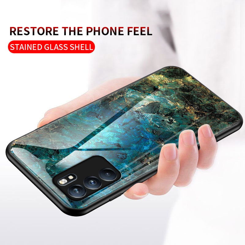 Marbling Pattern Tempered Glass Shock-Proof Cell Phone Cover for Oppo Reno6 5G