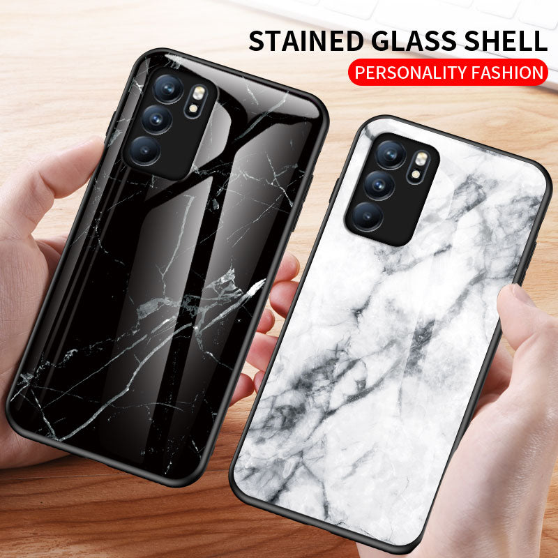 Marbling Pattern Tempered Glass Shock-Proof Cell Phone Cover for Oppo Reno6 5G