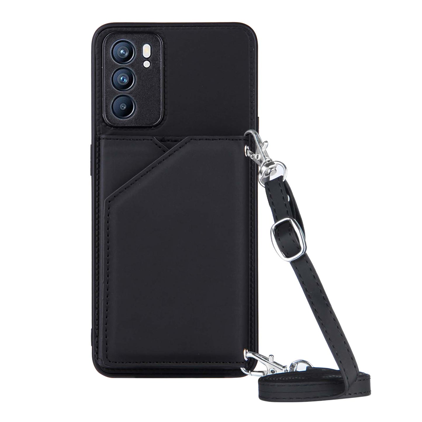 Leather Phone Stand Case with Multiple Back Card Slots + Shoulder Strap for Oppo Reno6 5G