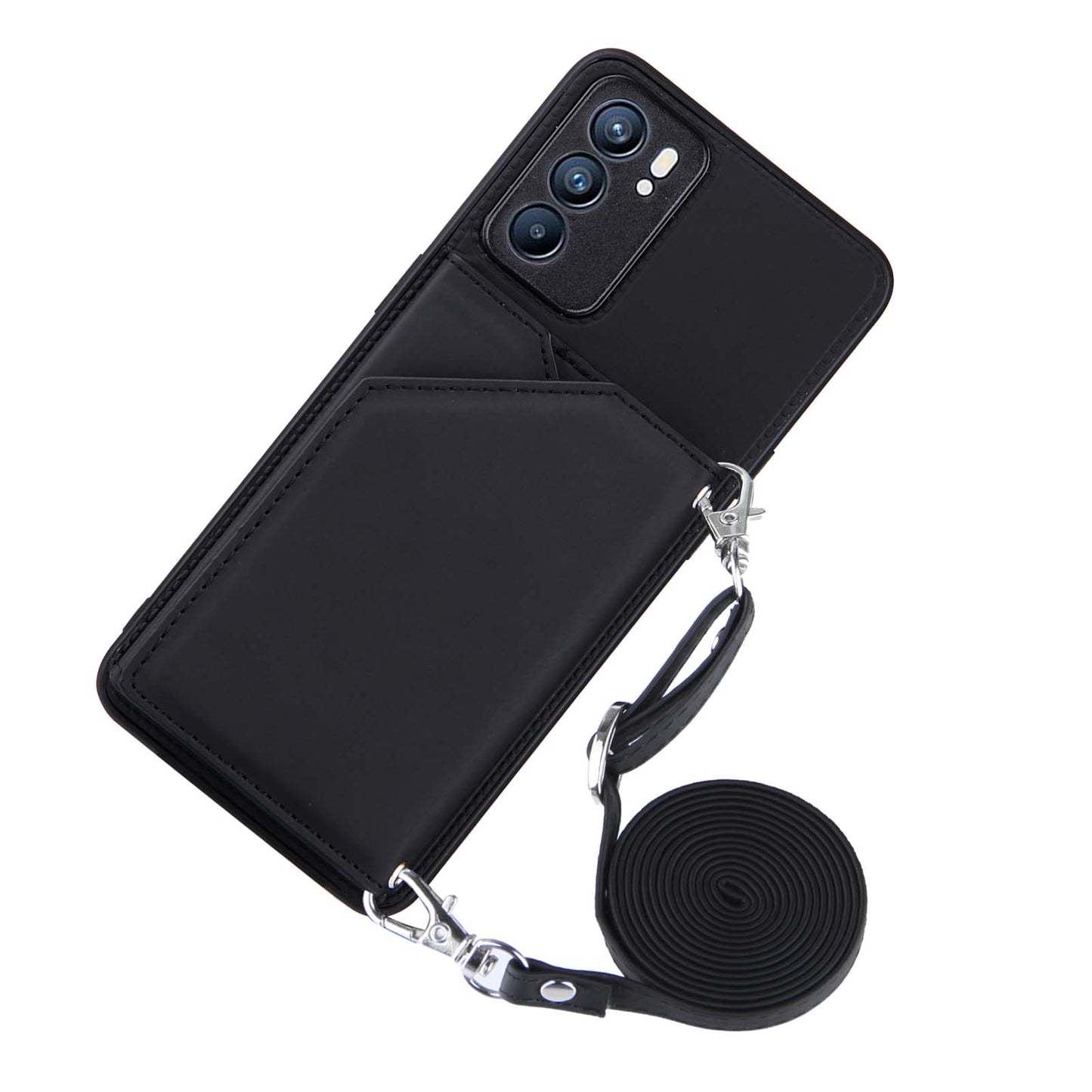 Leather Phone Stand Case with Multiple Back Card Slots + Shoulder Strap for Oppo Reno6 5G