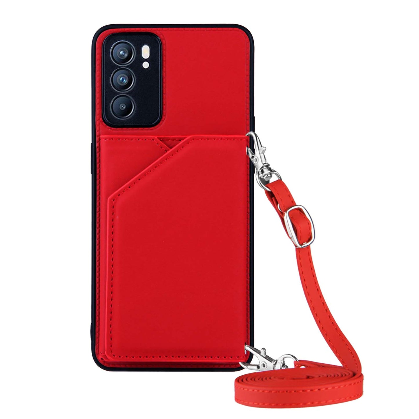 Leather Phone Stand Case with Multiple Back Card Slots + Shoulder Strap for Oppo Reno6 5G