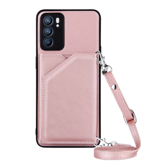 Leather Phone Stand Case with Multiple Back Card Slots + Shoulder Strap for Oppo Reno6 5G