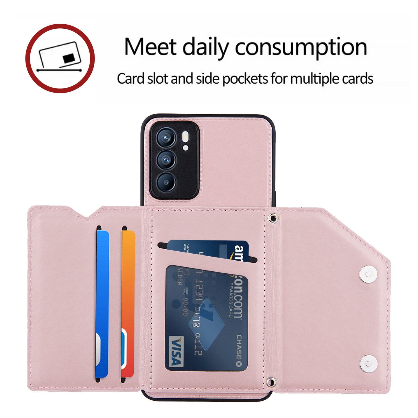 Leather Phone Stand Case with Multiple Back Card Slots + Shoulder Strap for Oppo Reno6 5G