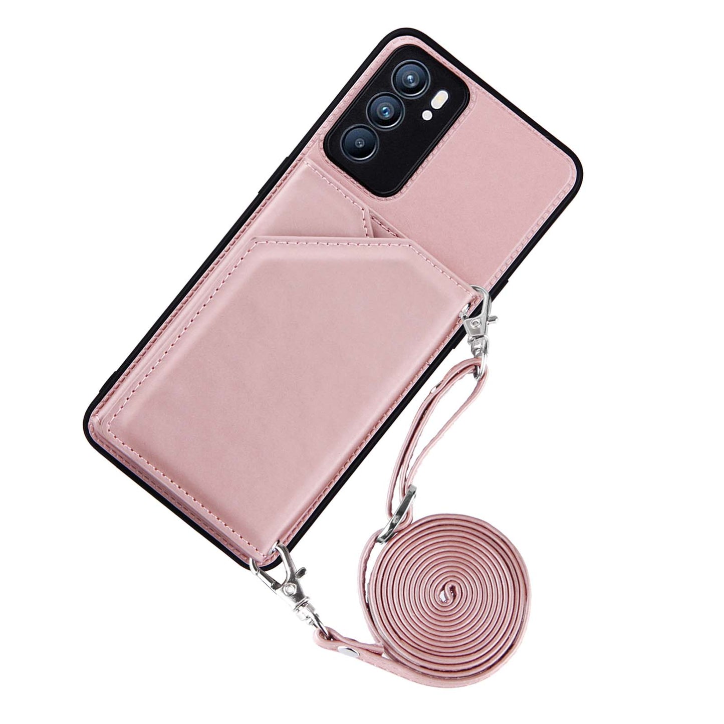 Leather Phone Stand Case with Multiple Back Card Slots + Shoulder Strap for Oppo Reno6 5G