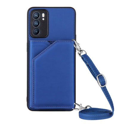 Leather Phone Stand Case with Multiple Back Card Slots + Shoulder Strap for Oppo Reno6 5G