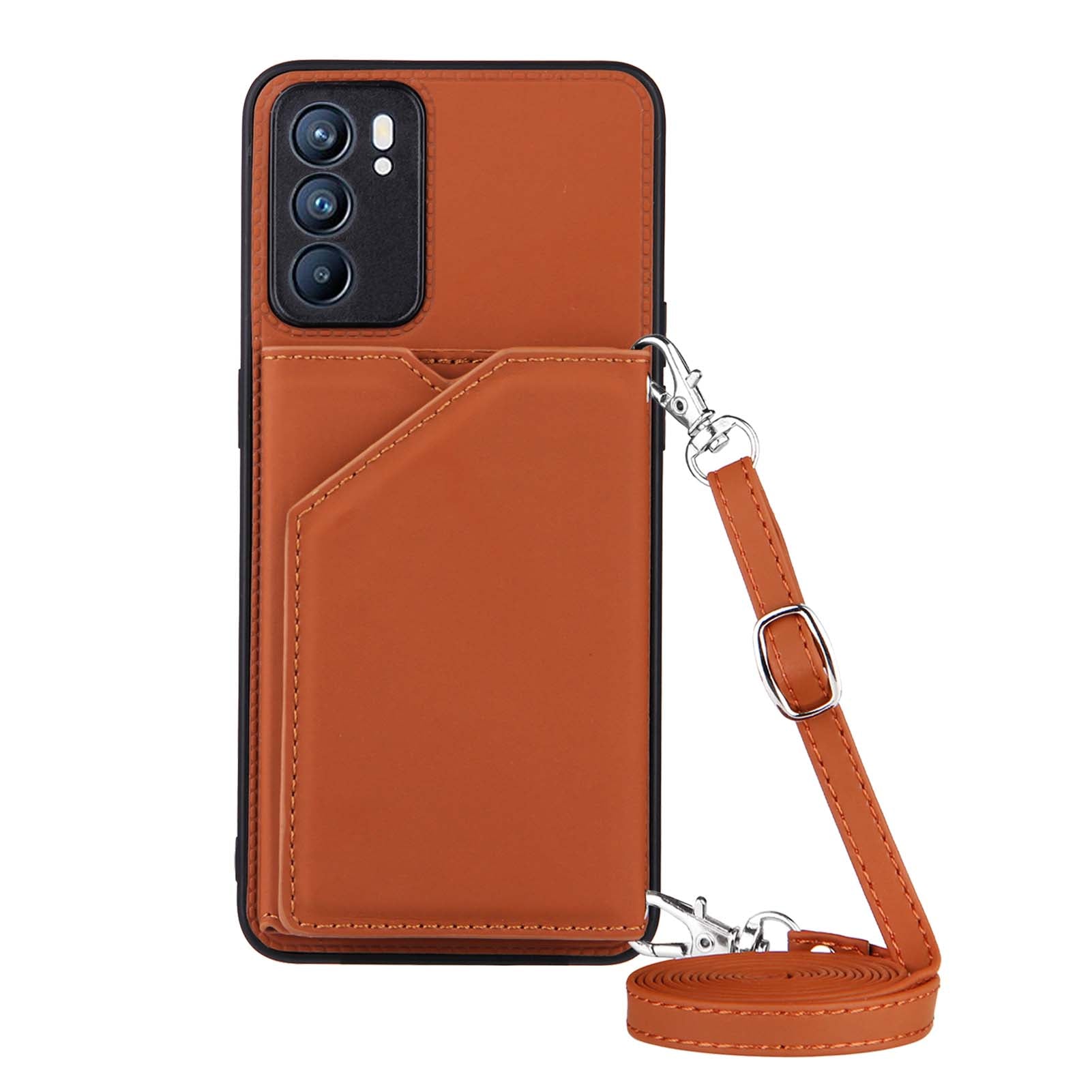 Leather Phone Stand Case with Multiple Back Card Slots + Shoulder Strap for Oppo Reno6 5G