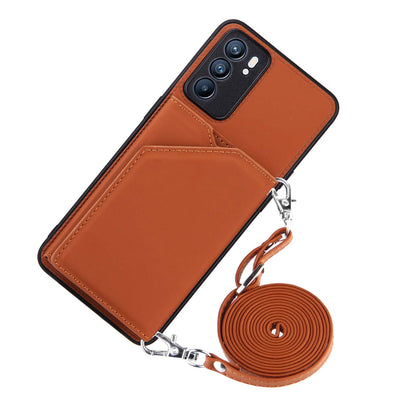 Leather Phone Stand Case with Multiple Back Card Slots + Shoulder Strap for Oppo Reno6 5G