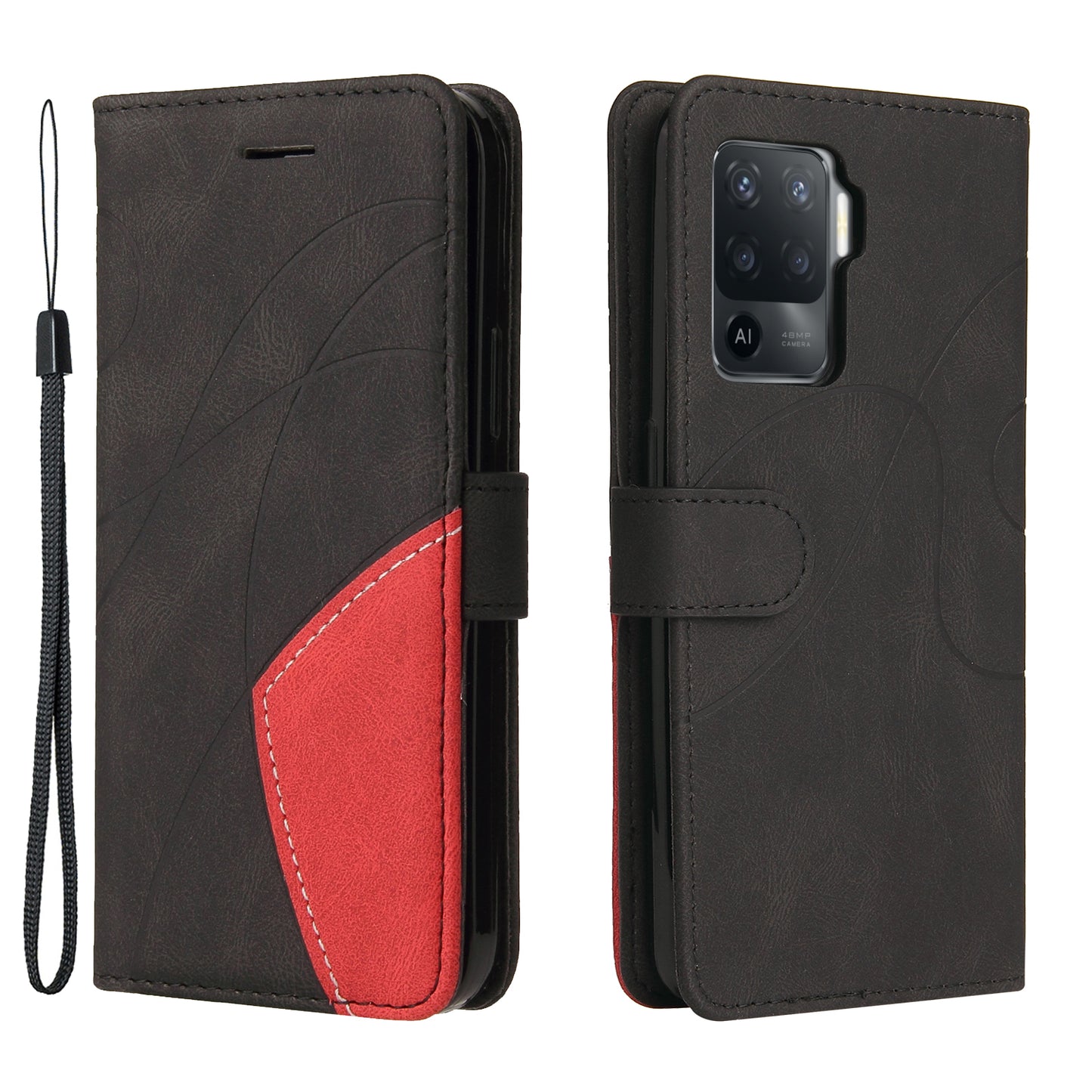 KT Leather Series-1 Bi-color Splicing Design for Oppo A94 / A94 5G / F19 Pro / A95 5G, Skin Touch Feeling PU Leather Wallet Case Flip Cover with Wrist Strap