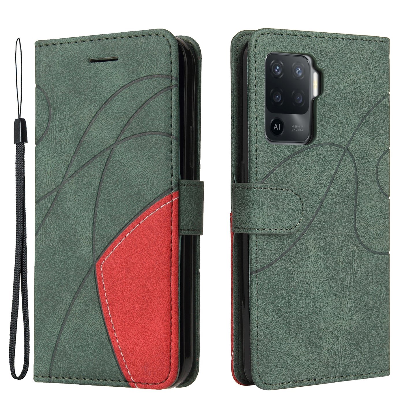 KT Leather Series-1 Bi-color Splicing Design for Oppo A94 / A94 5G / F19 Pro / A95 5G, Skin Touch Feeling PU Leather Wallet Case Flip Cover with Wrist Strap