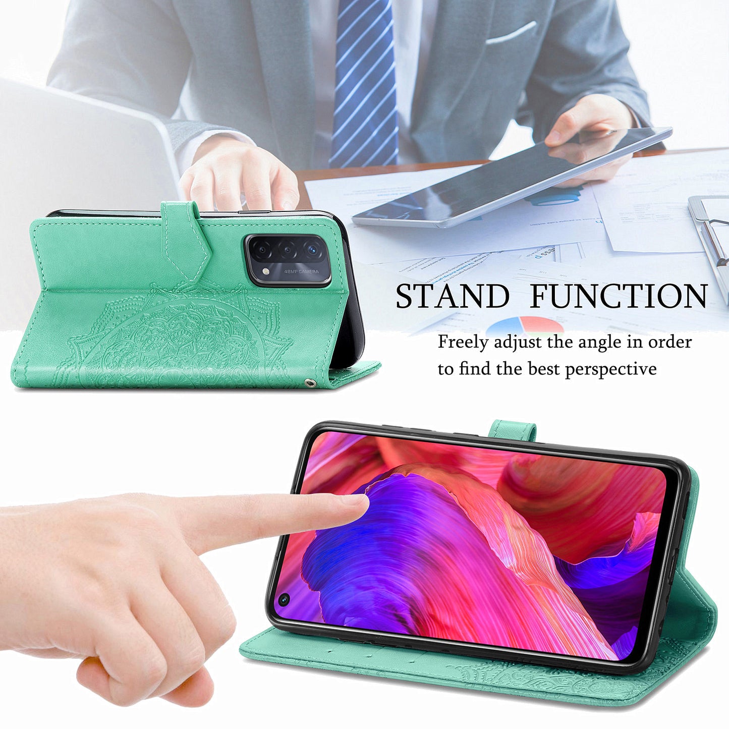 Mandala Flower Embossment Imprinting Full Protection Leather Wallet Stand Design Phone Shell for Oppo A54 5G