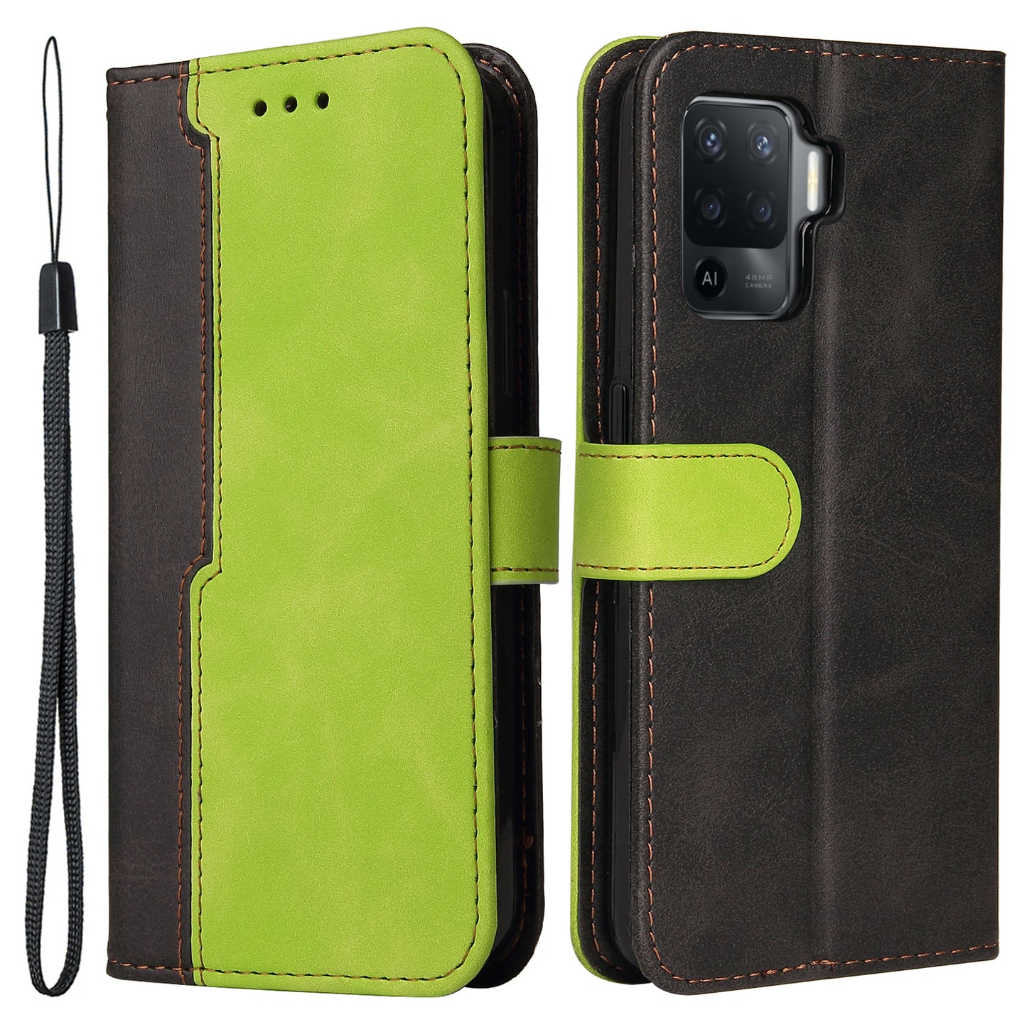 Two-Color Stitching Business Style Flip Magnetic Stand PU Leather Wallet Case for Oppo A94 / F19 Pro / Reno5 F / Reno5 Lite