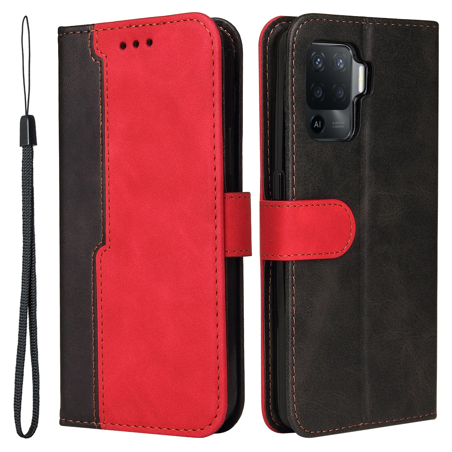 Two-Color Stitching Business Style Flip Magnetic Stand PU Leather Wallet Case for Oppo A94 / F19 Pro / Reno5 F / Reno5 Lite