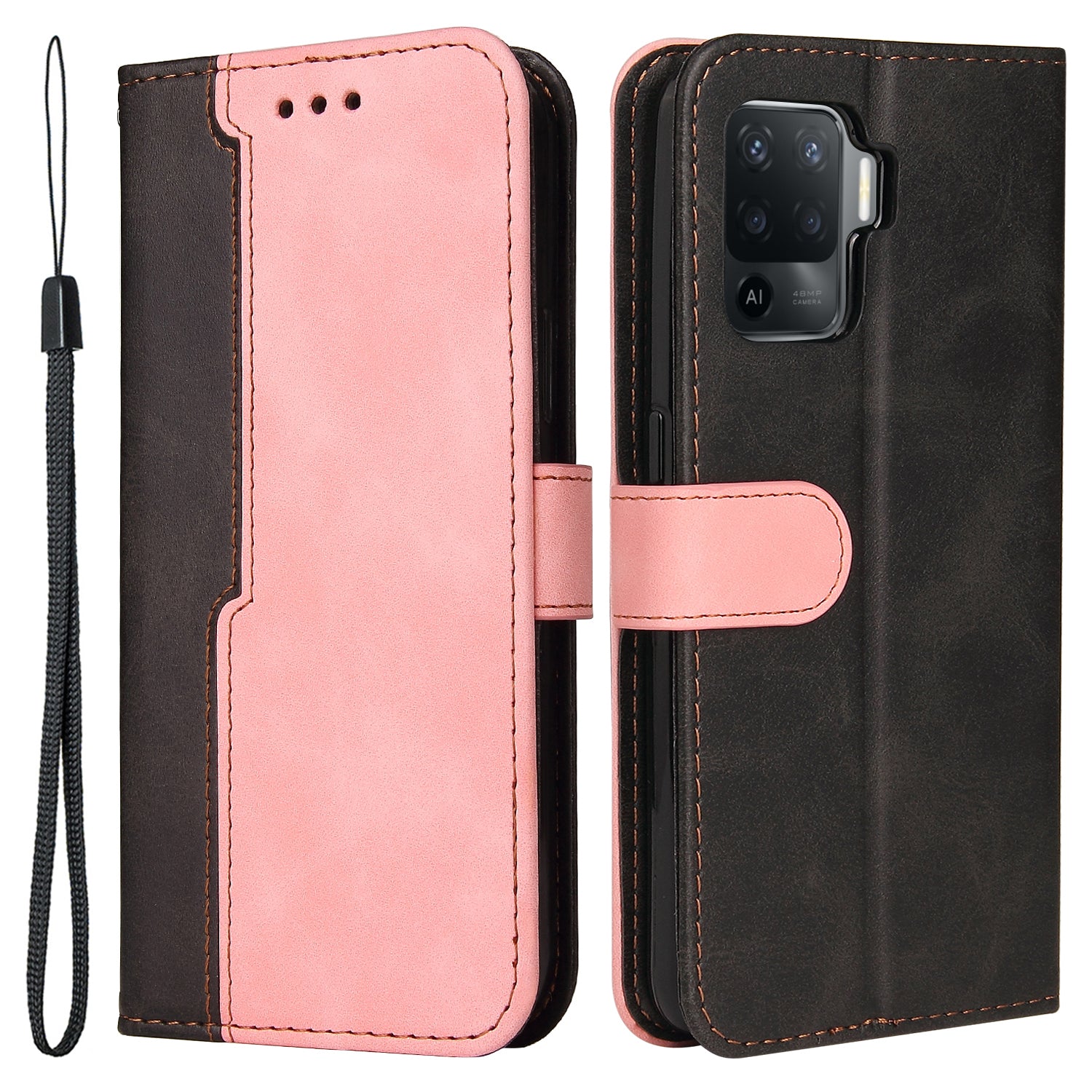 Two-Color Stitching Business Style Flip Magnetic Stand PU Leather Wallet Case for Oppo A94 / F19 Pro / Reno5 F / Reno5 Lite