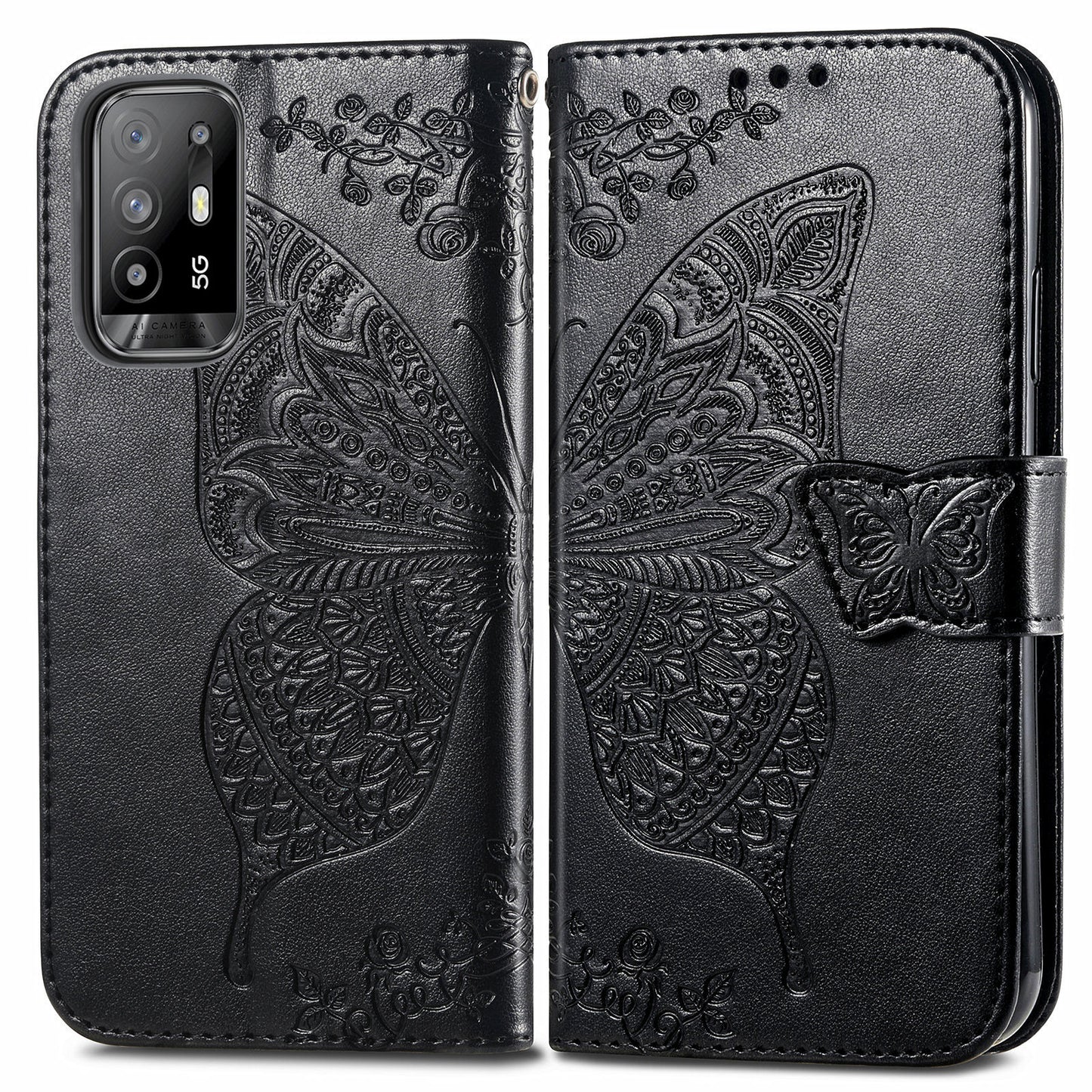 Imprint Butterfly Pattern Leather Wallet Phone Shell Stand Case for Oppo A94 5G / Reno5 Z