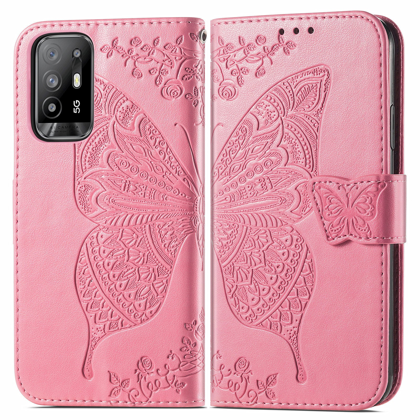 Imprint Butterfly Pattern Leather Wallet Phone Shell Stand Case for Oppo A94 5G / Reno5 Z