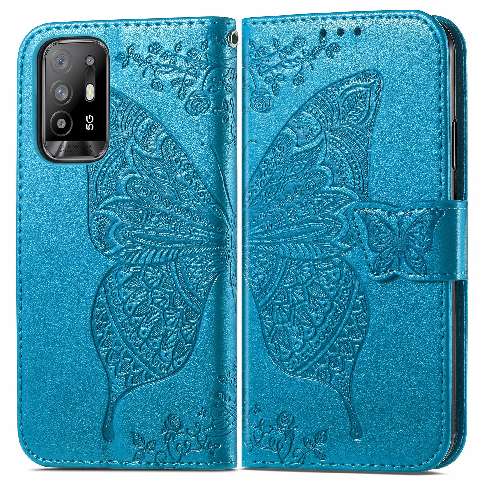 Imprint Butterfly Pattern Leather Wallet Phone Shell Stand Case for Oppo A94 5G / Reno5 Z