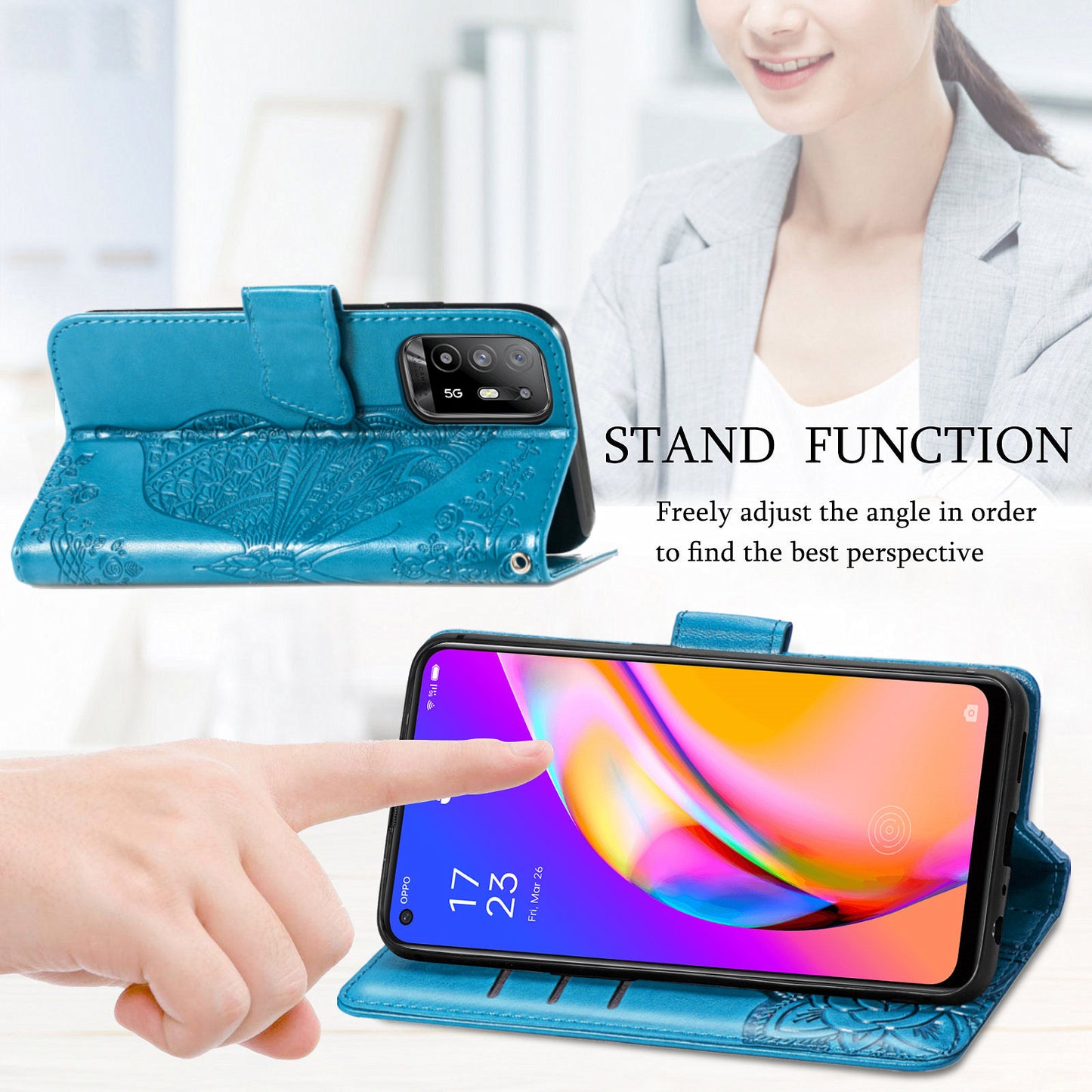 Imprint Butterfly Pattern Leather Wallet Phone Shell Stand Case for Oppo A94 5G / Reno5 Z