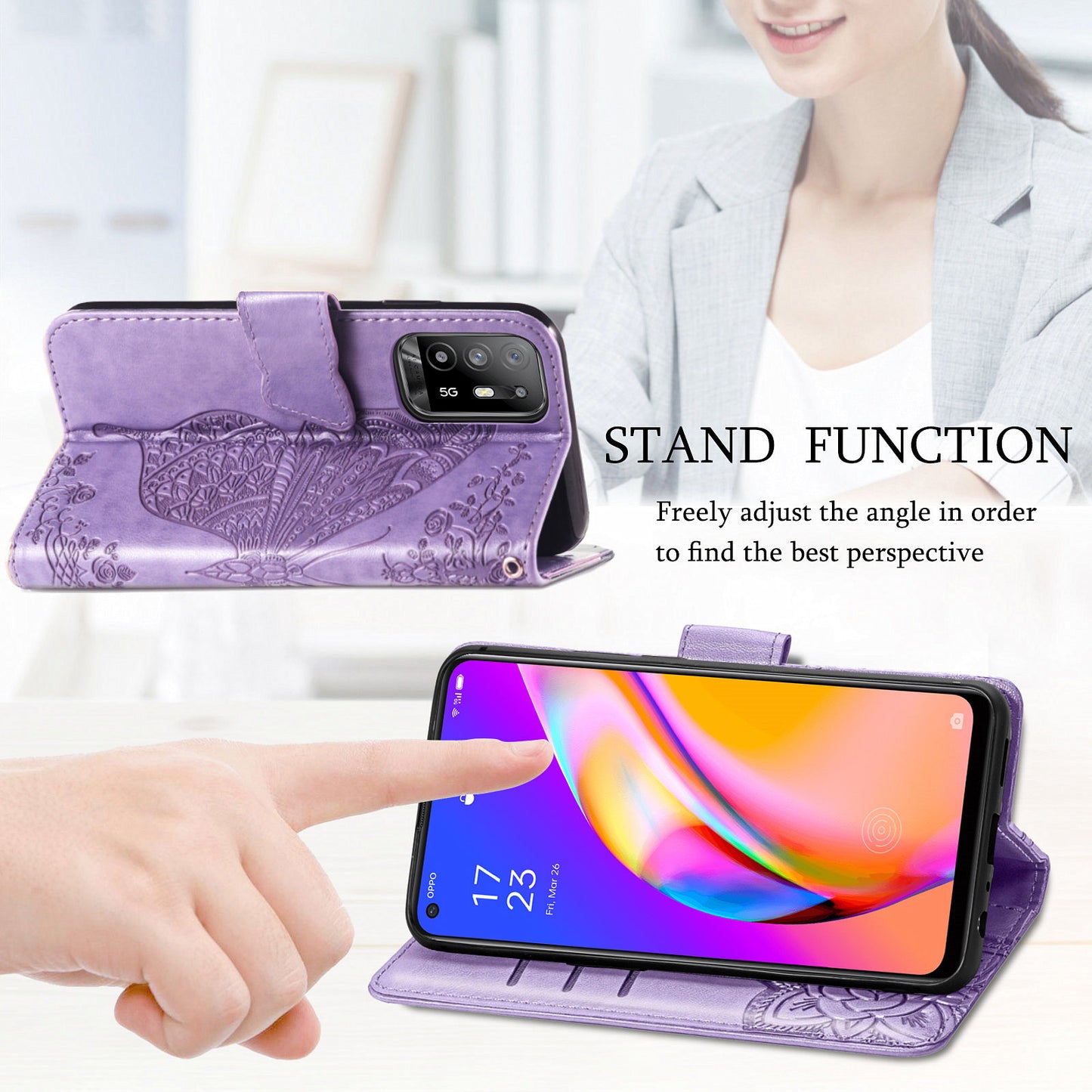 Imprint Butterfly Pattern Leather Wallet Phone Shell Stand Case for Oppo A94 5G / Reno5 Z