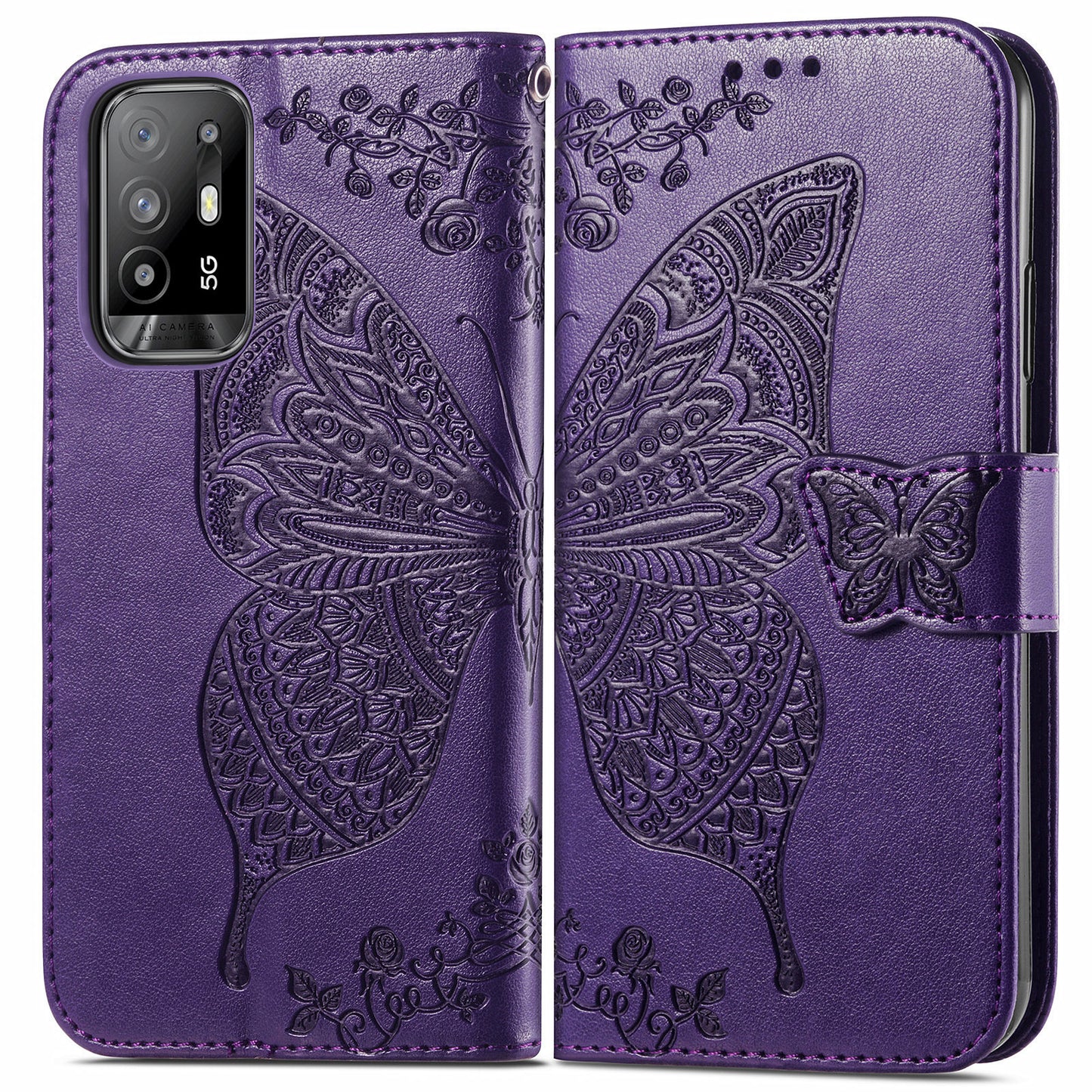 Imprint Butterfly Pattern Leather Wallet Phone Shell Stand Case for Oppo A94 5G / Reno5 Z