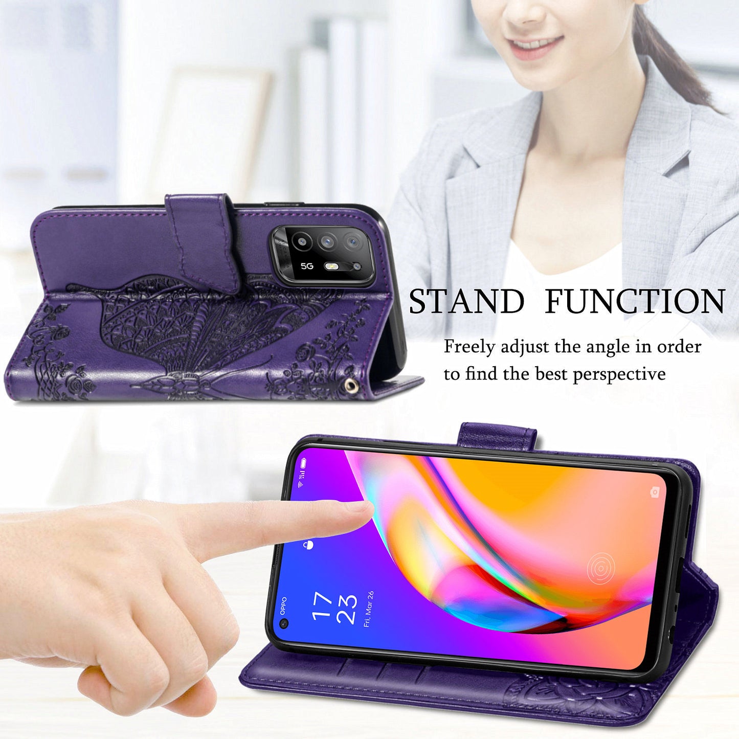 Imprint Butterfly Pattern Leather Wallet Phone Shell Stand Case for Oppo A94 5G / Reno5 Z