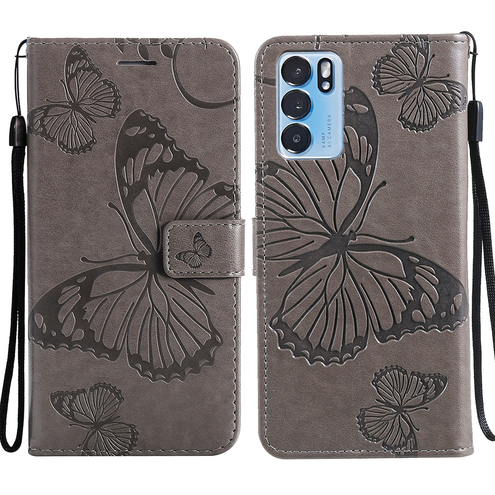 KT Imprinting Flower Series-2 Folio Flip Butterflies Imprinting Leather Wallet Case with Stand for Oppo Reno6 5G