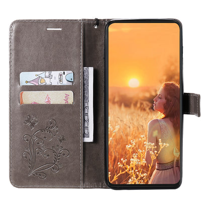 KT Imprinting Flower Series-2 Folio Flip Butterflies Imprinting Leather Wallet Case with Stand for Oppo Reno6 5G