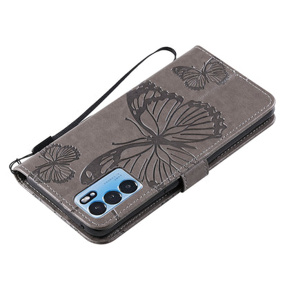 KT Imprinting Flower Series-2 Folio Flip Butterflies Imprinting Leather Wallet Case with Stand for Oppo Reno6 5G