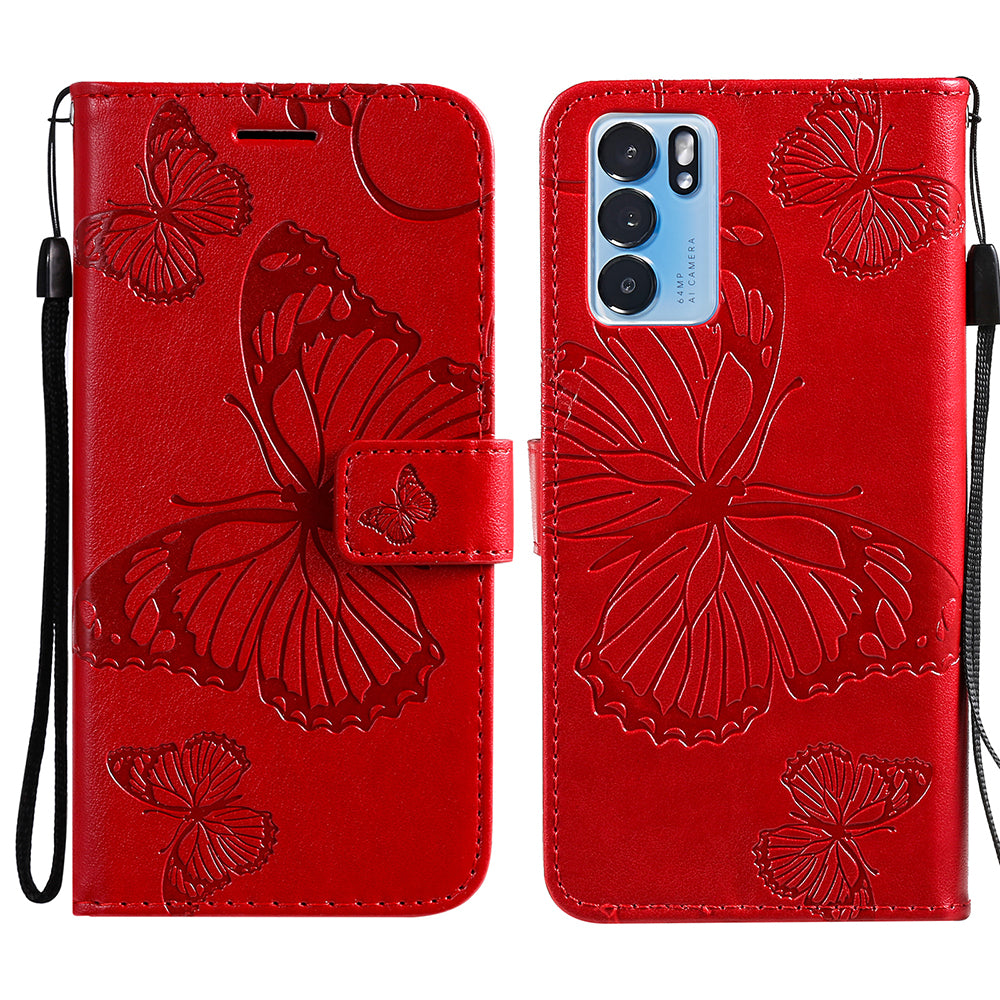 KT Imprinting Flower Series-2 Folio Flip Butterflies Imprinting Leather Wallet Case with Stand for Oppo Reno6 5G