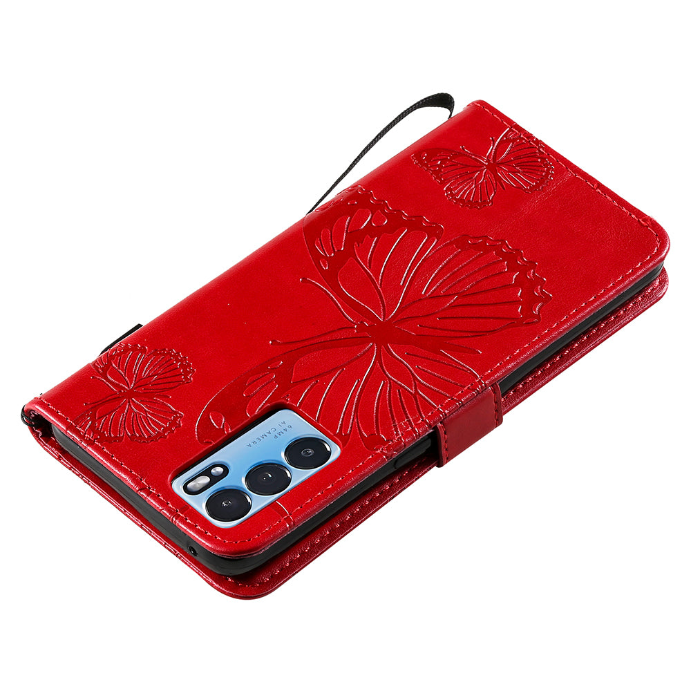 KT Imprinting Flower Series-2 Folio Flip Butterflies Imprinting Leather Wallet Case with Stand for Oppo Reno6 5G