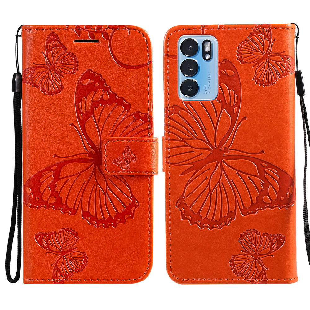 KT Imprinting Flower Series-2 Folio Flip Butterflies Imprinting Leather Wallet Case with Stand for Oppo Reno6 5G