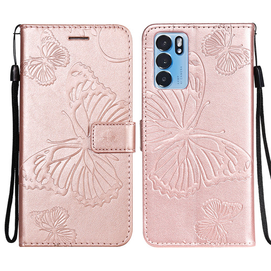 KT Imprinting Flower Series-2 Folio Flip Butterflies Imprinting Leather Wallet Case with Stand for Oppo Reno6 5G