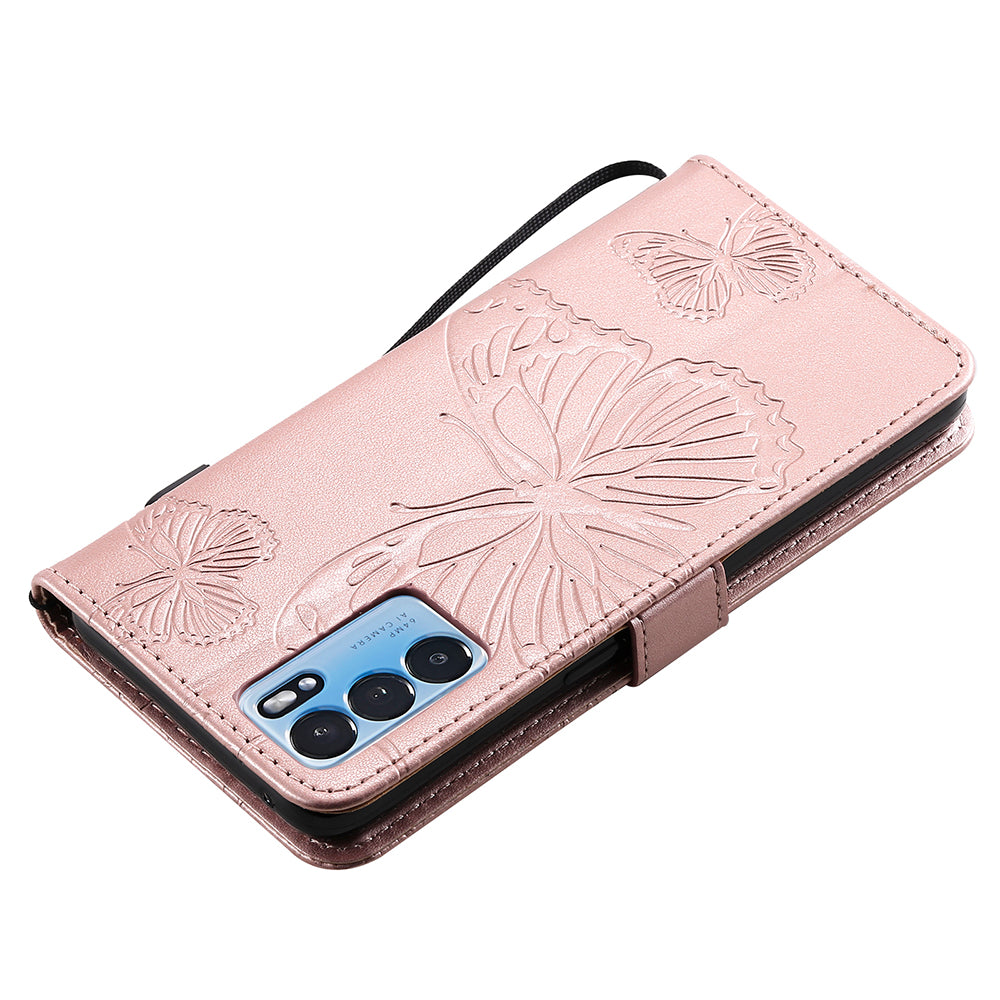 KT Imprinting Flower Series-2 Folio Flip Butterflies Imprinting Leather Wallet Case with Stand for Oppo Reno6 5G