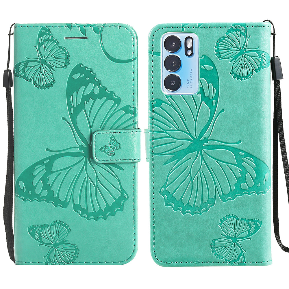 KT Imprinting Flower Series-2 Folio Flip Butterflies Imprinting Leather Wallet Case with Stand for Oppo Reno6 5G