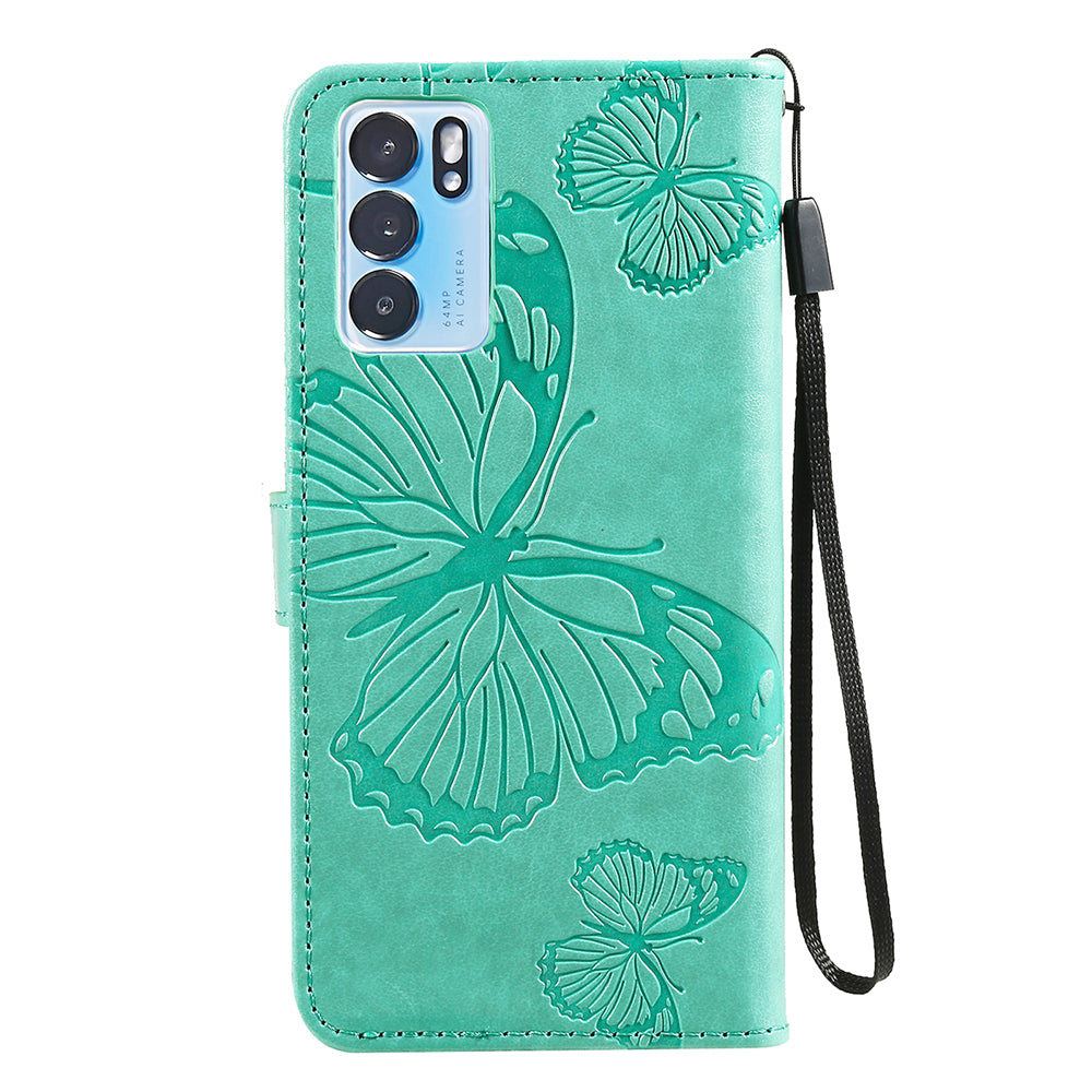 KT Imprinting Flower Series-2 Folio Flip Butterflies Imprinting Leather Wallet Case with Stand for Oppo Reno6 5G