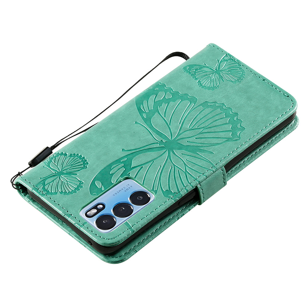 KT Imprinting Flower Series-2 Folio Flip Butterflies Imprinting Leather Wallet Case with Stand for Oppo Reno6 5G