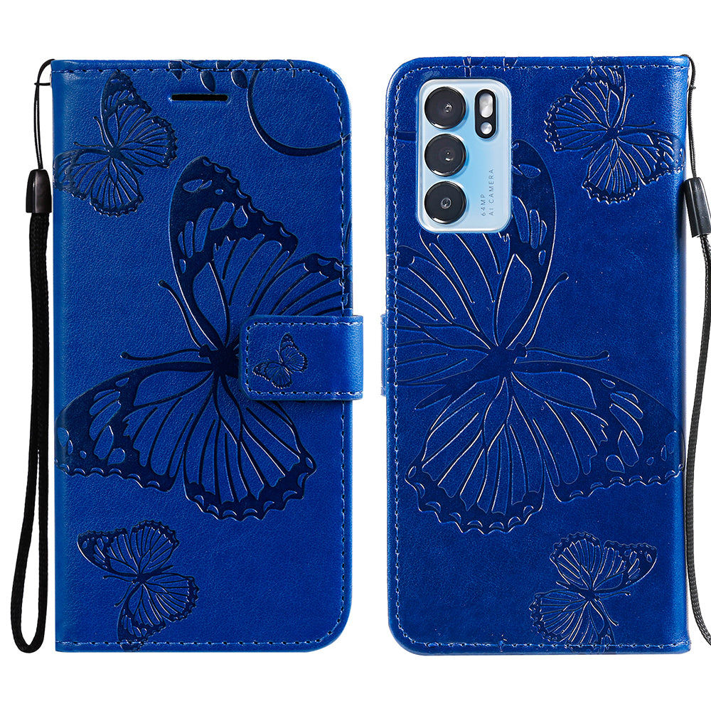 KT Imprinting Flower Series-2 Folio Flip Butterflies Imprinting Leather Wallet Case with Stand for Oppo Reno6 5G