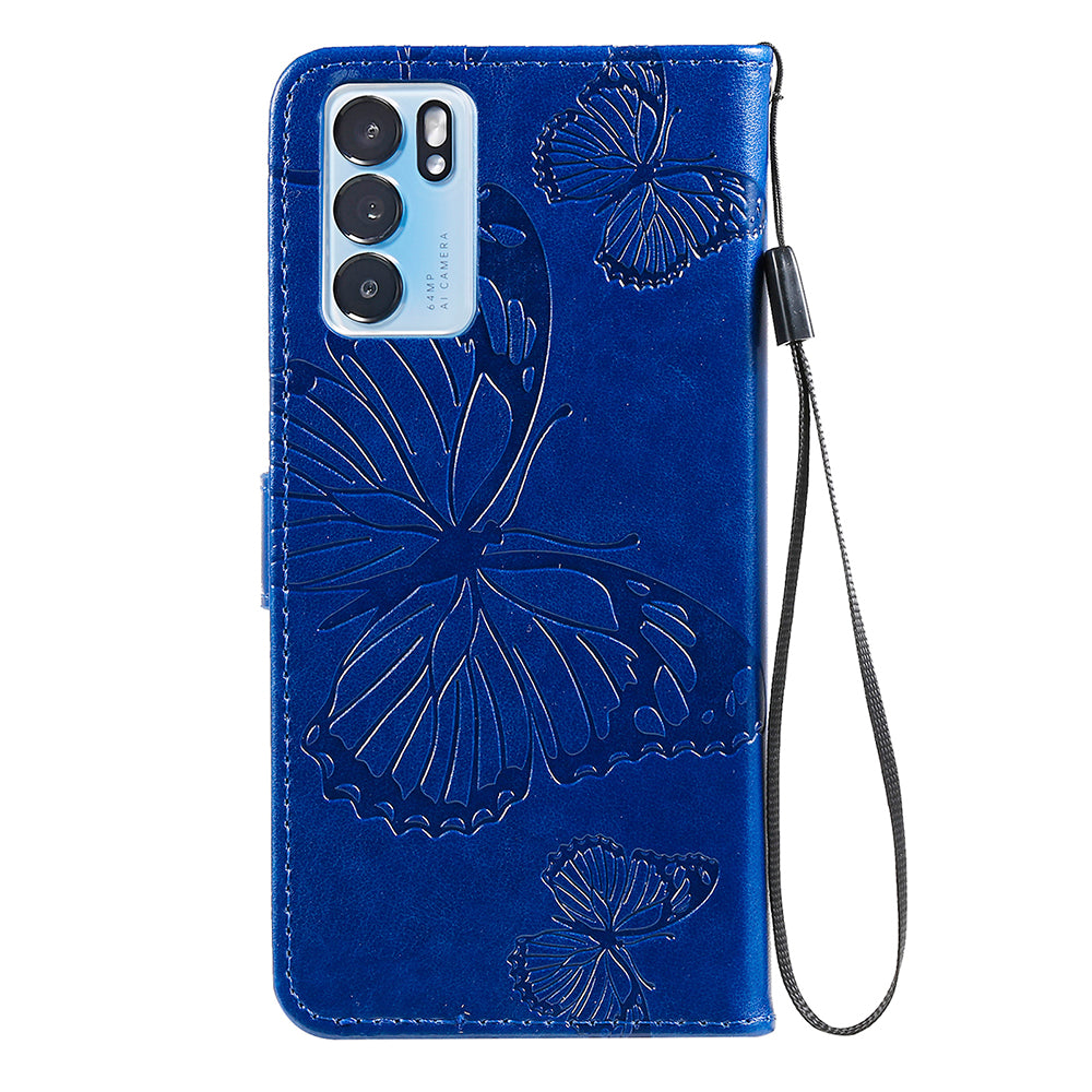 KT Imprinting Flower Series-2 Folio Flip Butterflies Imprinting Leather Wallet Case with Stand for Oppo Reno6 5G