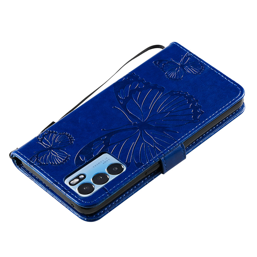 KT Imprinting Flower Series-2 Folio Flip Butterflies Imprinting Leather Wallet Case with Stand for Oppo Reno6 5G