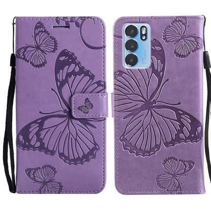 KT Imprinting Flower Series-2 Folio Flip Butterflies Imprinting Leather Wallet Case with Stand for Oppo Reno6 5G