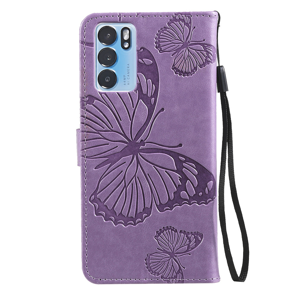 KT Imprinting Flower Series-2 Folio Flip Butterflies Imprinting Leather Wallet Case with Stand for Oppo Reno6 5G