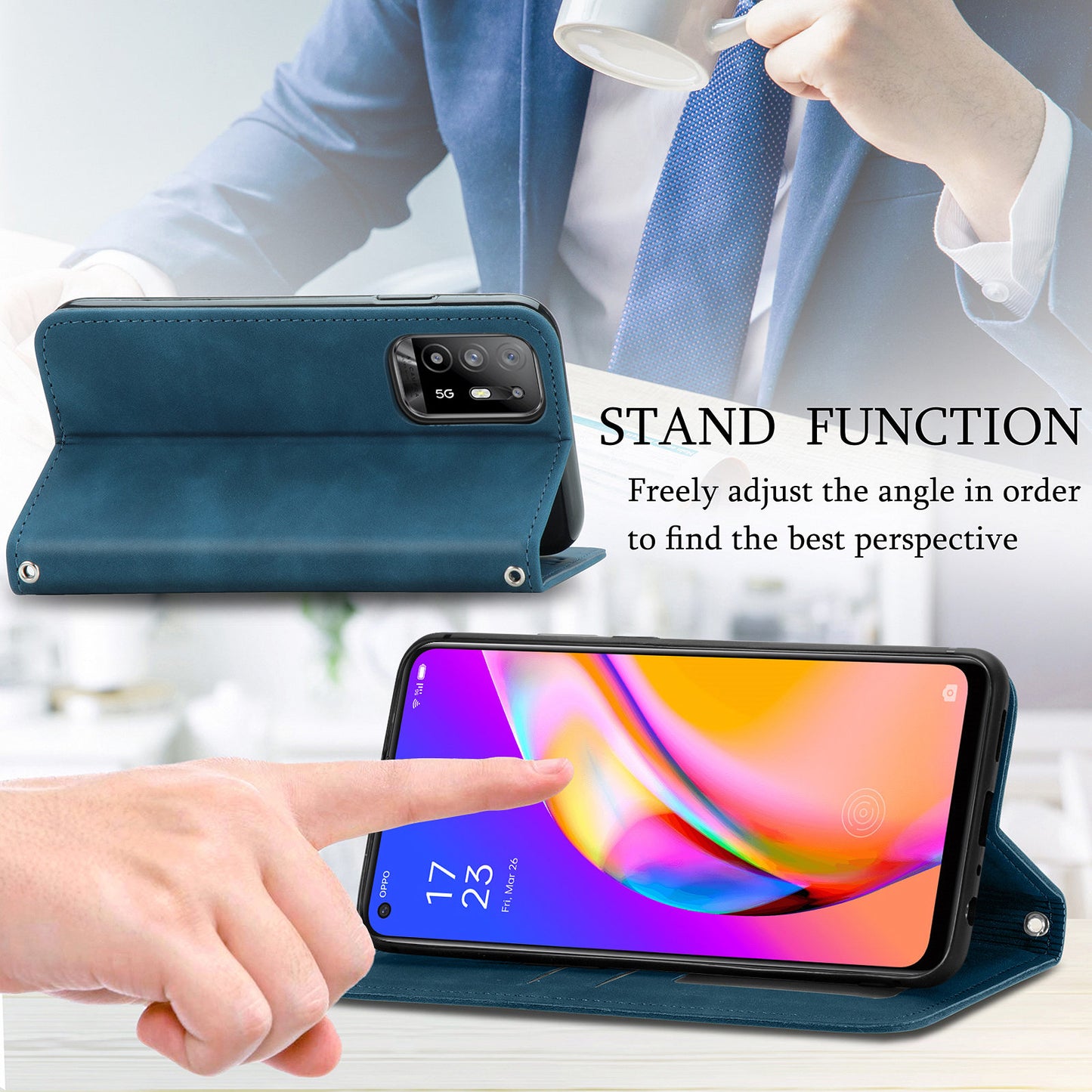 Skin-touch Magnetic Auto-absorbed Leather Case Shell with Card Holder for Oppo A94 5G