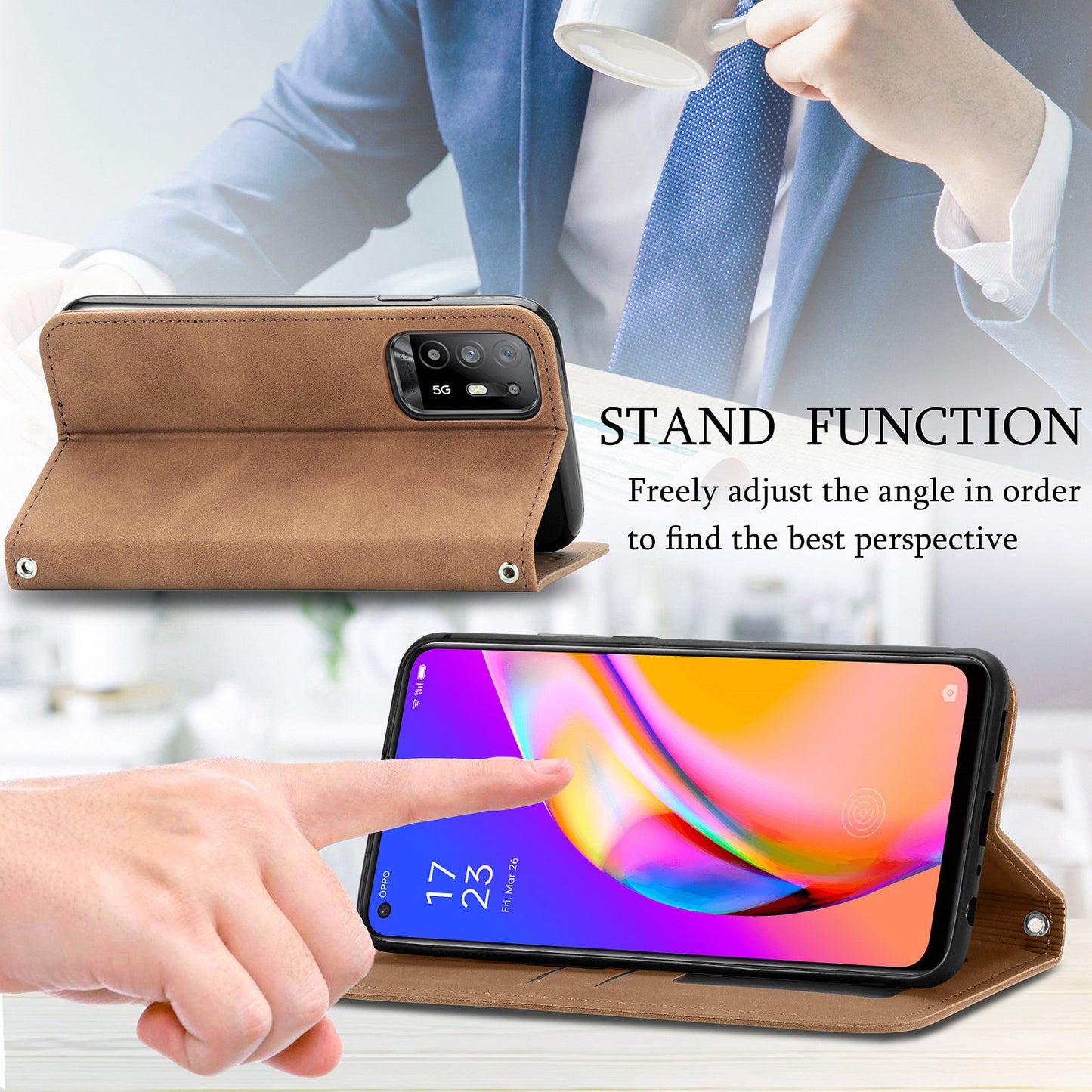 Skin-touch Magnetic Auto-absorbed Leather Case Shell with Card Holder for Oppo A94 5G