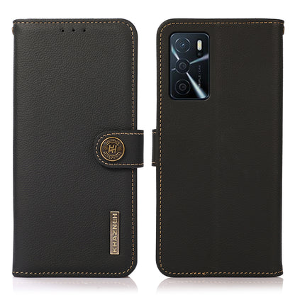 KHAZNEH Genuine Leather Wallet Stand Phone Case with Anti-theft Swiping Design for Oppo A16/A16s/A54s