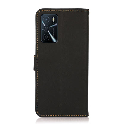 KHAZNEH Genuine Leather Wallet Stand Phone Case with Anti-theft Swiping Design for Oppo A16/A16s/A54s