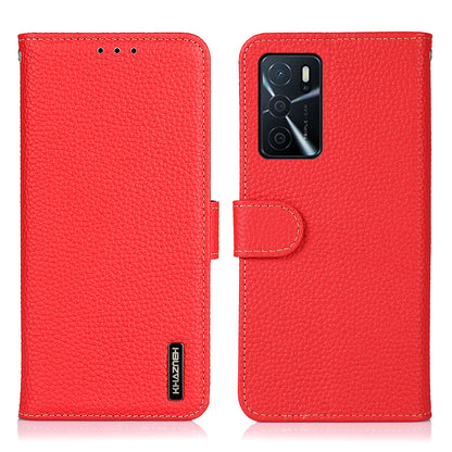 KHAZNEH Litchi Texture Top Layer Genuine Leather Wallet Stand Phone Case Shell for Oppo A16/A16s/A54s