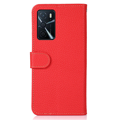 KHAZNEH Litchi Texture Top Layer Genuine Leather Wallet Stand Phone Case Shell for Oppo A16/A16s/A54s