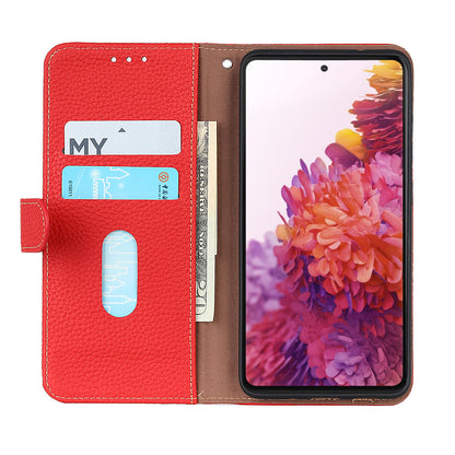 KHAZNEH Litchi Texture Top Layer Genuine Leather Wallet Stand Phone Case Shell for Oppo A16/A16s/A54s