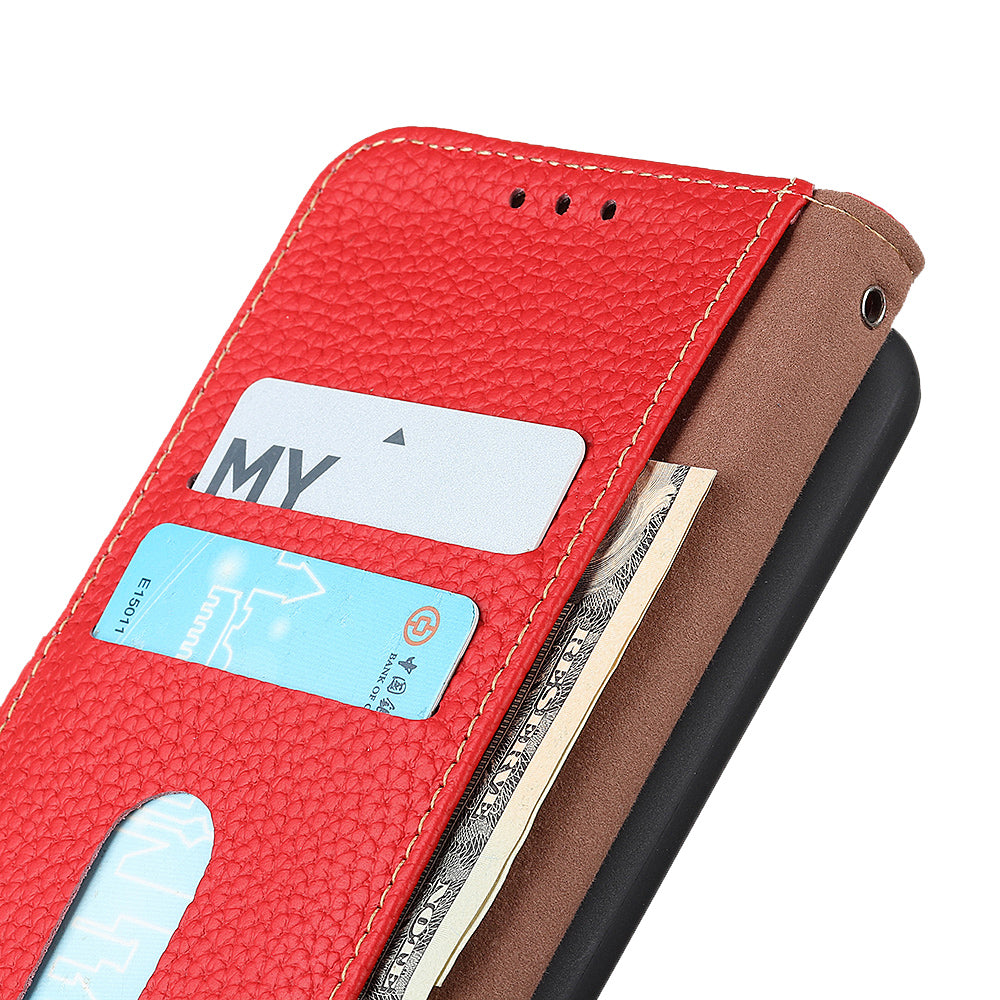 KHAZNEH Litchi Texture Top Layer Genuine Leather Wallet Stand Phone Case Shell for Oppo A16/A16s/A54s