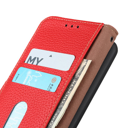 KHAZNEH Litchi Texture Top Layer Genuine Leather Wallet Stand Phone Case Shell for Oppo A16/A16s/A54s